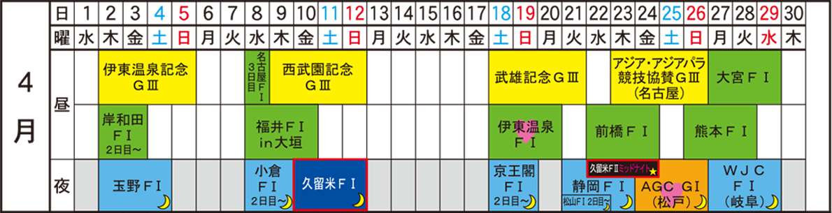 This is the schedule calendar for the Kurume Bicycle Racecourse April 2026.